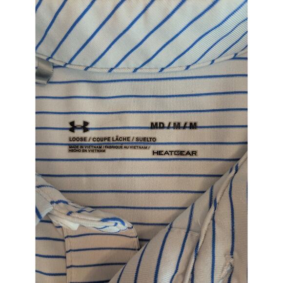 Under Armour Shirt Mens Med White Blue Polo Stripe Loose Heat Gear Short Sleeve - Picture 5 of 5